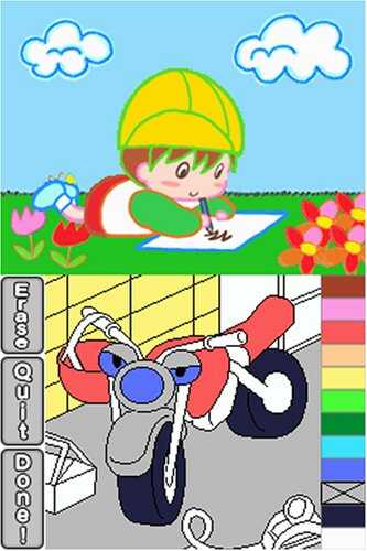 Colorful children's drawing of a boy drawing and a toy motorcycle.