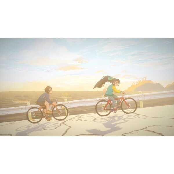 Two children riding bikes on a sunny road with a scenic background.