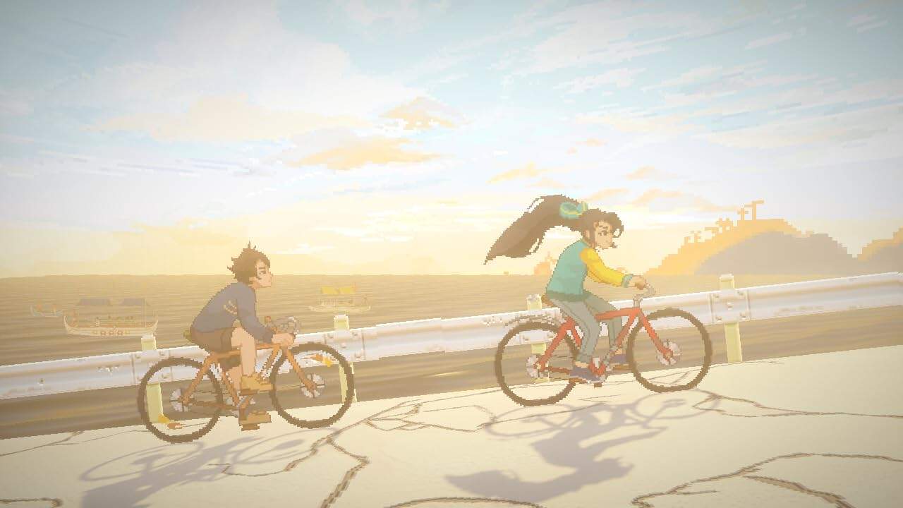 Two children riding bikes on a sunny road with a scenic background.