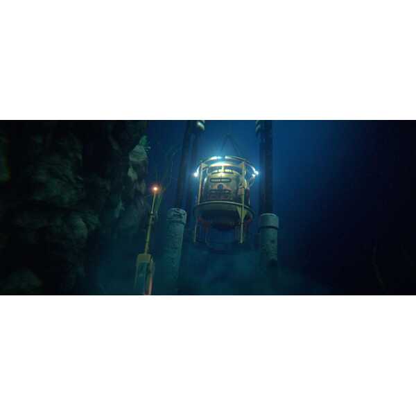 Deep-sea exploration vehicle descending into the ocean depths.