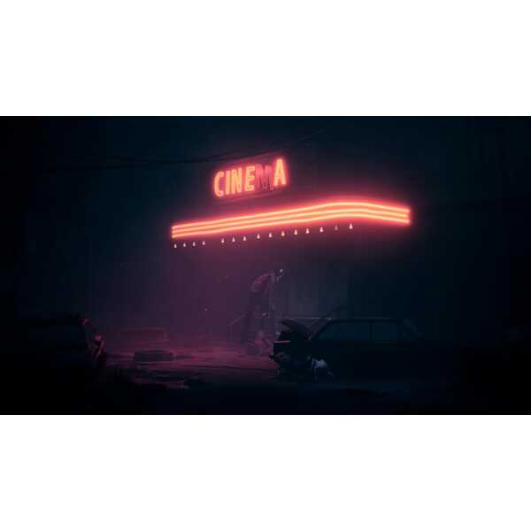 Neon-lit cinema sign with a dark, moody atmosphere and vintage cars in the foreground.
