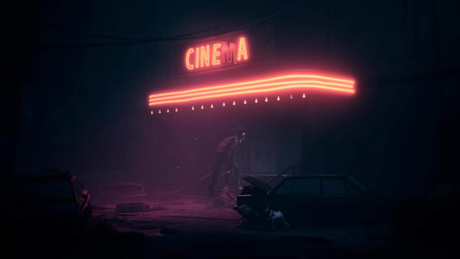Neon-lit cinema sign with a dark, moody atmosphere and vintage cars in the foreground.