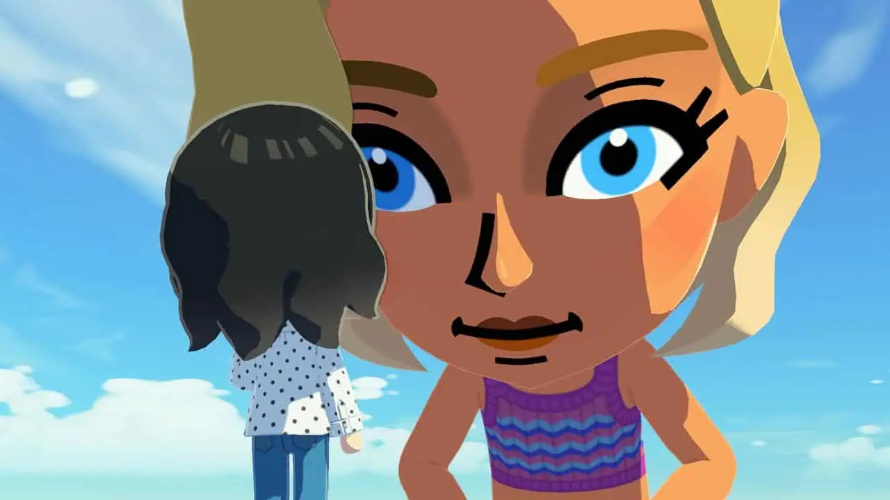 Cartoon character from Tomodachi Life game with bright blue eyes and blonde hair.