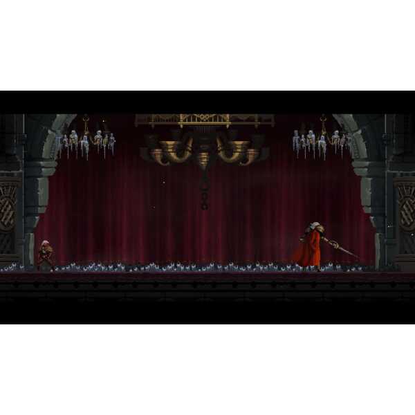 A colorful pixel art scene from a side-scrolling video game featuring a character in a red cloak wie.