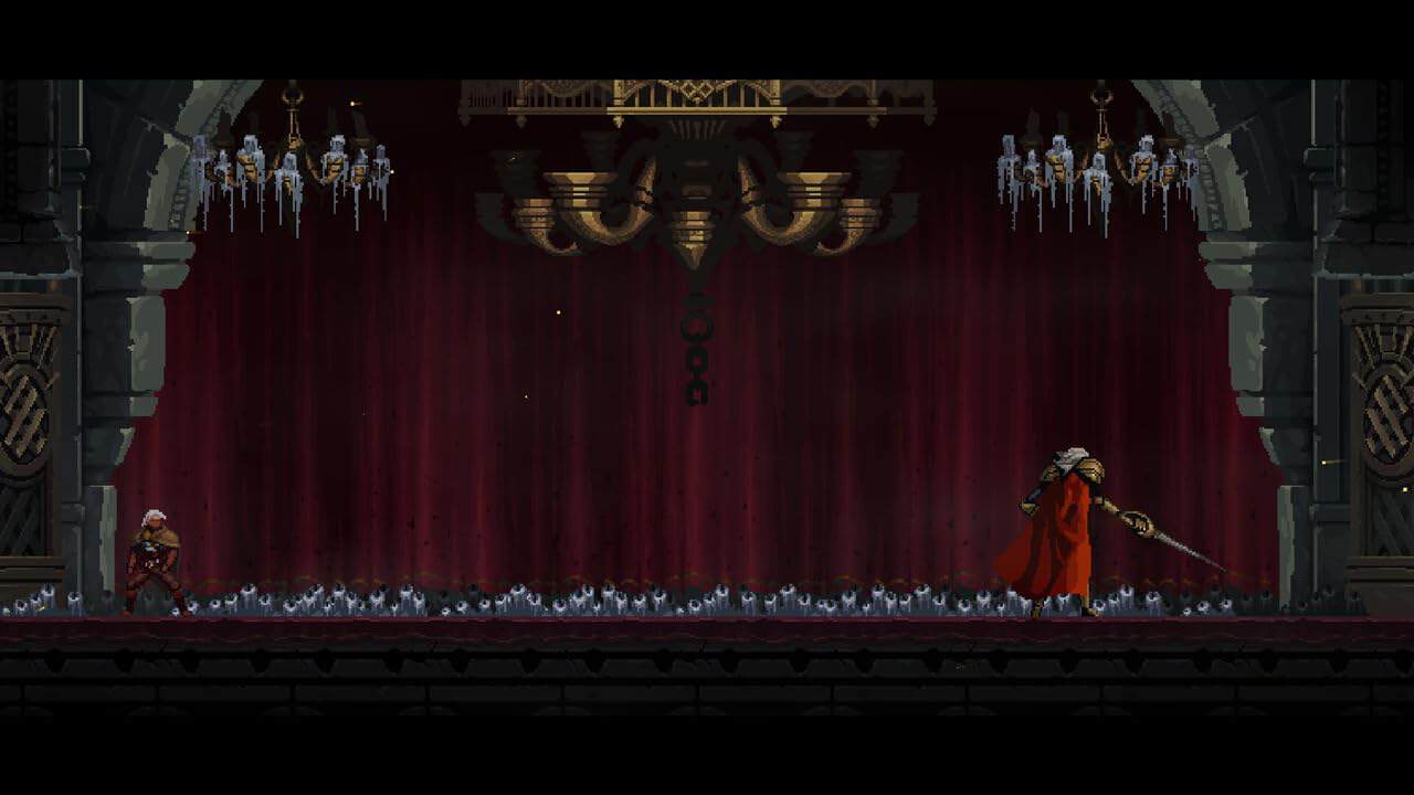 A colorful pixel art scene from a side-scrolling video game featuring a character in a red cloak wie.