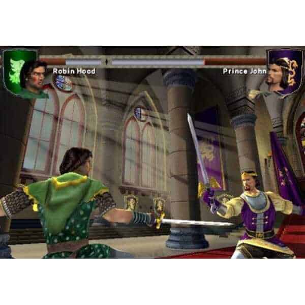 Robin Hood and Prince John duel inside a grand castle hall.