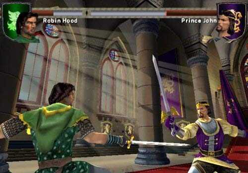 Robin Hood and Prince John duel inside a grand castle hall.
