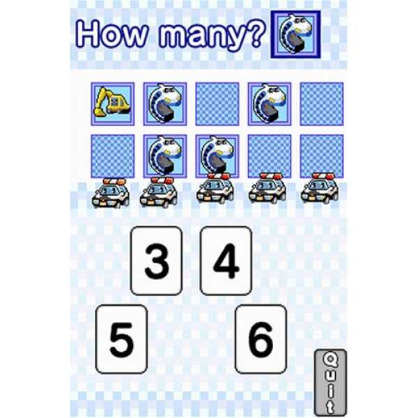 Counting game with cartoon police cars and a unicorn character from Gameware.