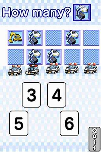 Counting game with cartoon police cars and a unicorn character from Gameware.