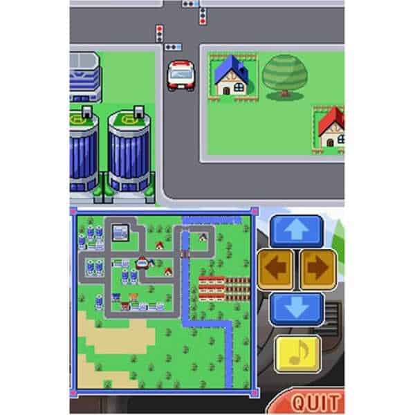 Colorful pixel art city map with roads, buildings, and game controls.