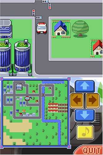 Colorful pixel art city map with roads, buildings, and game controls.