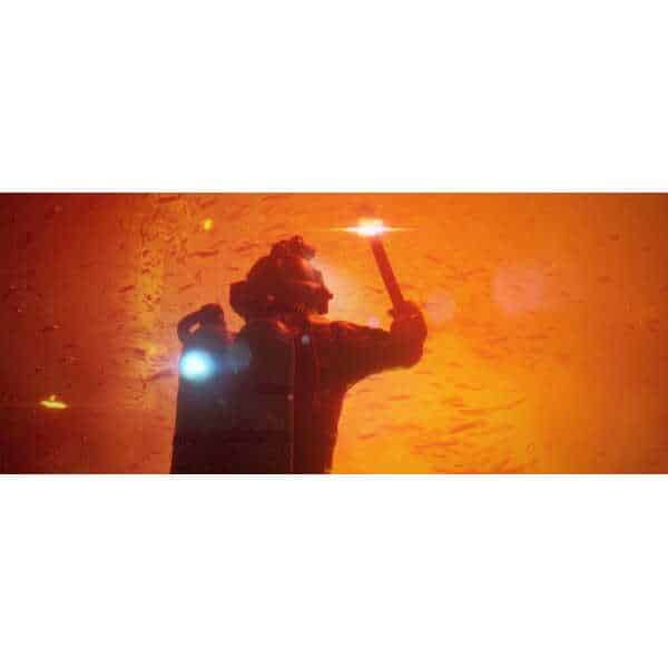 Diver holding a torch in a fiery, underwater scene with orange hues.