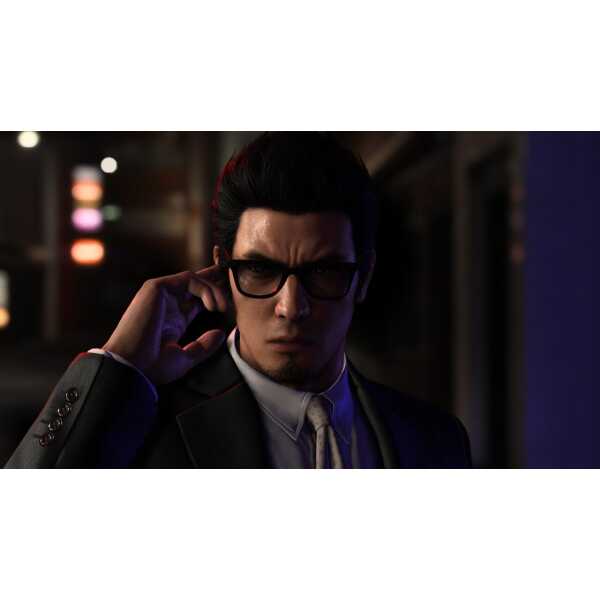 High-tech man in glasses adjusting earpiece in a dark, futuristic setting.