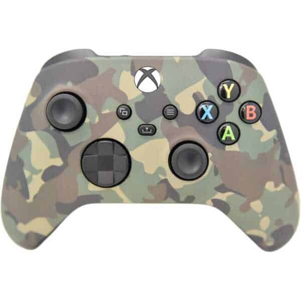 Green camo Xbox Series X wireless controller for gaming.