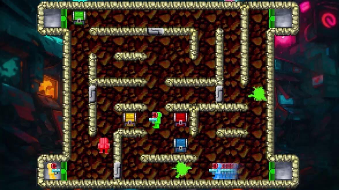 Classic arcade-style Blastoids game with colorful characters and maze gameplay.