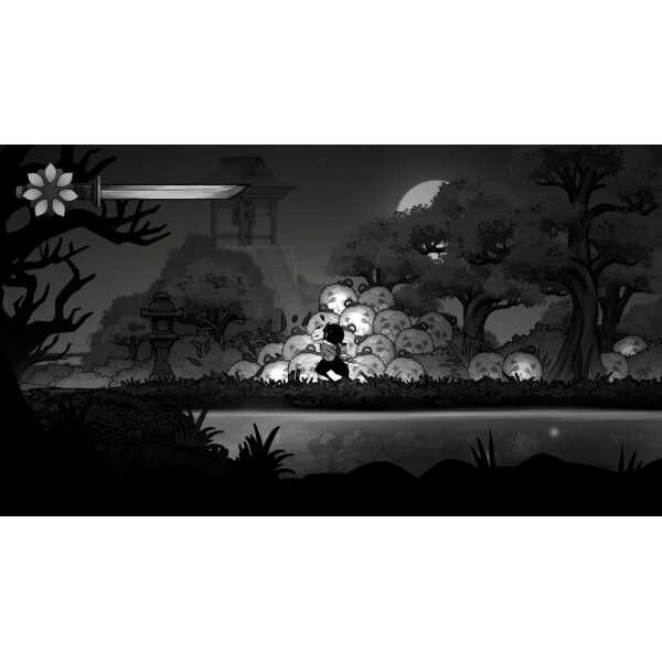 Dark forest scene from Gurei game with moonlit trees and glowing skulls.