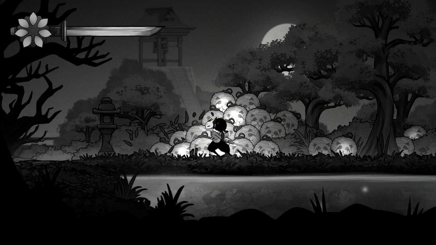 Dark forest scene from Gurei game with moonlit trees and glowing skulls.