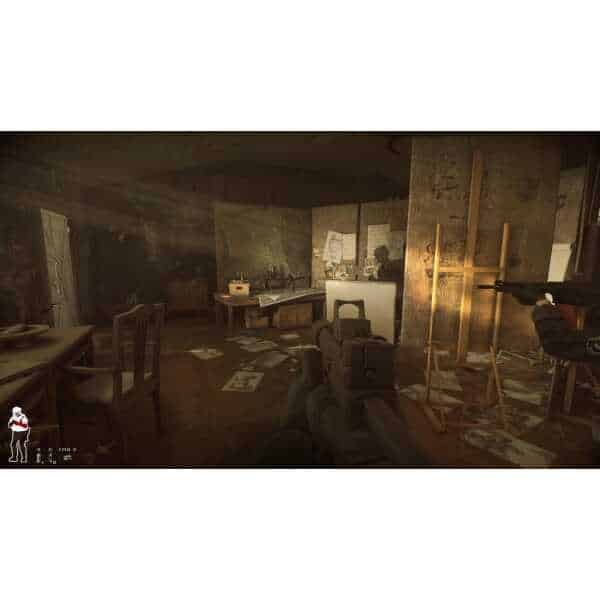 An intense scene from Ready or Not Day 1 Edition showing a tactical room with weapons and scattered.