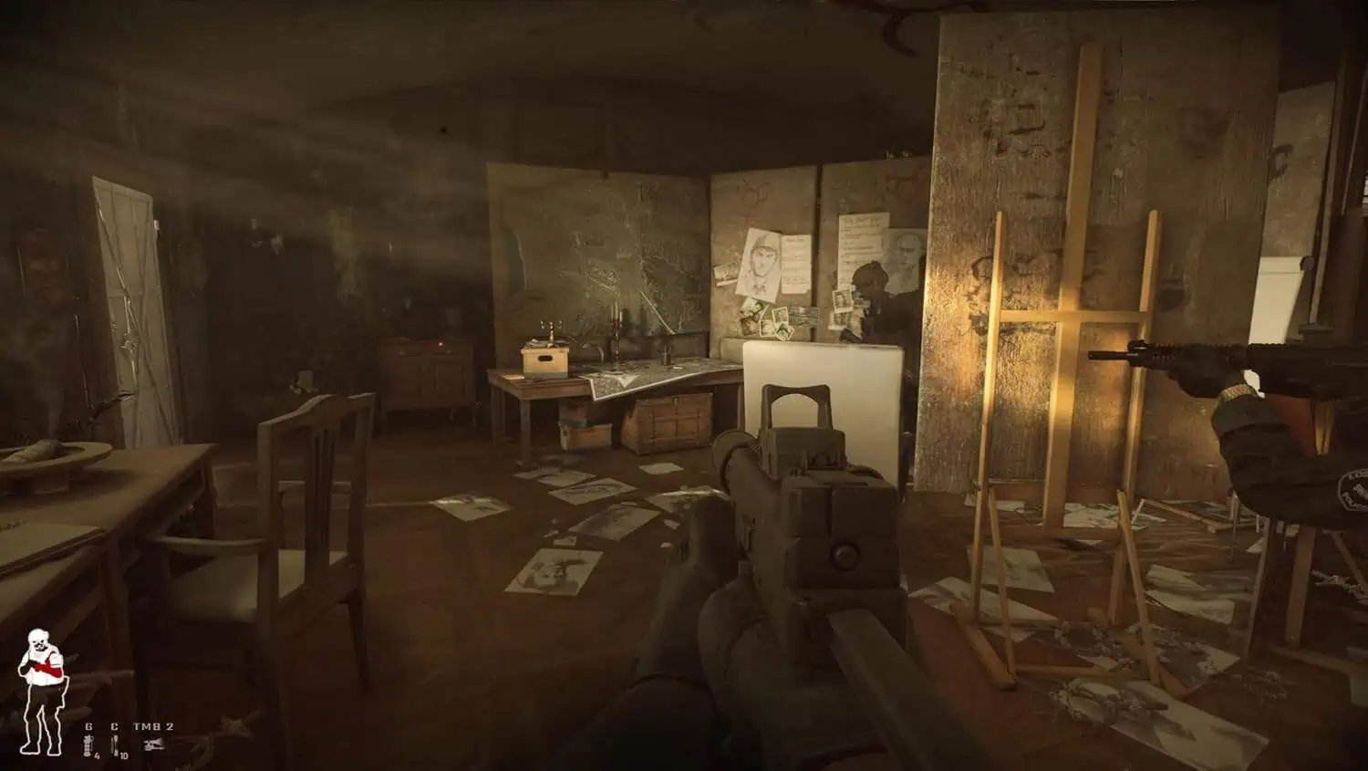 An intense scene from Ready or Not Day 1 Edition showing a tactical room with weapons and scattered.