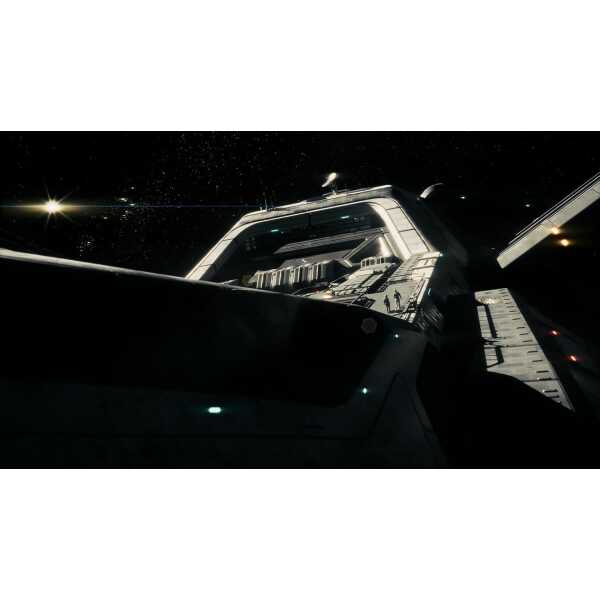 Futuristic spaceship from Gameware's Directive 8020 Deluxe Edition in space.