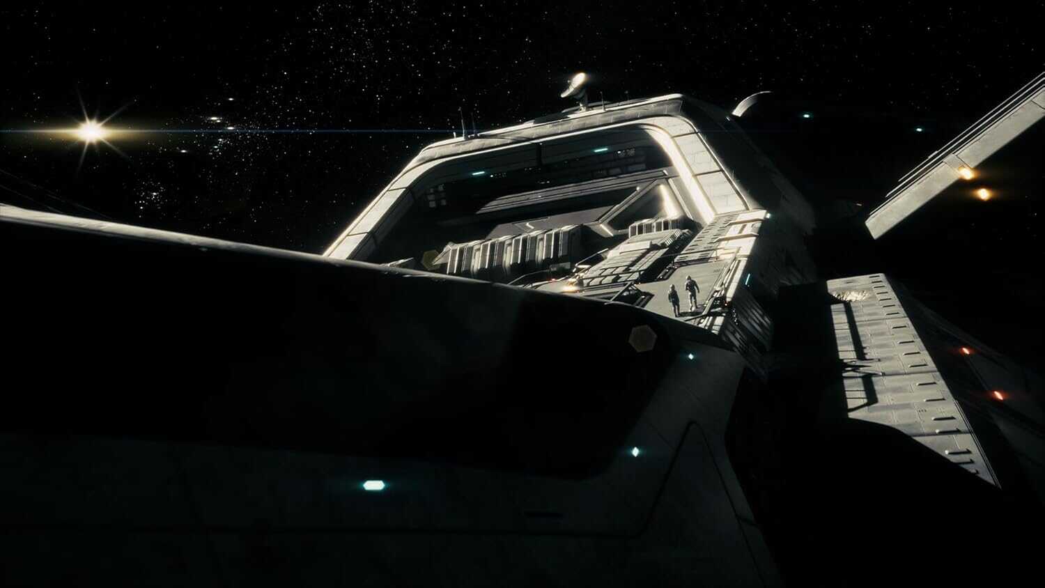 Futuristic spaceship from Gameware's Directive 8020 Deluxe Edition in space.