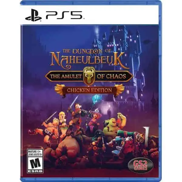 Dungeon of Naheulbeuk PS5 game cover with characters and castle background.