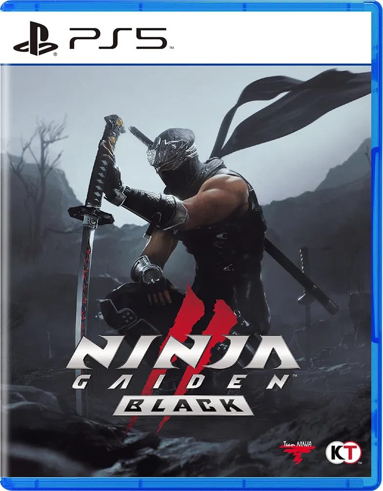 A powerful ninja warrior with a sword in a dark, misty landscape, promoting the game "Ninja Gaiden B.