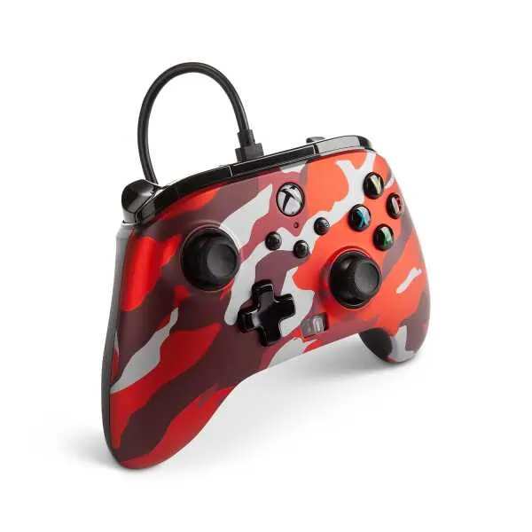 Red camo wired controller for Xbox Series X gaming console.