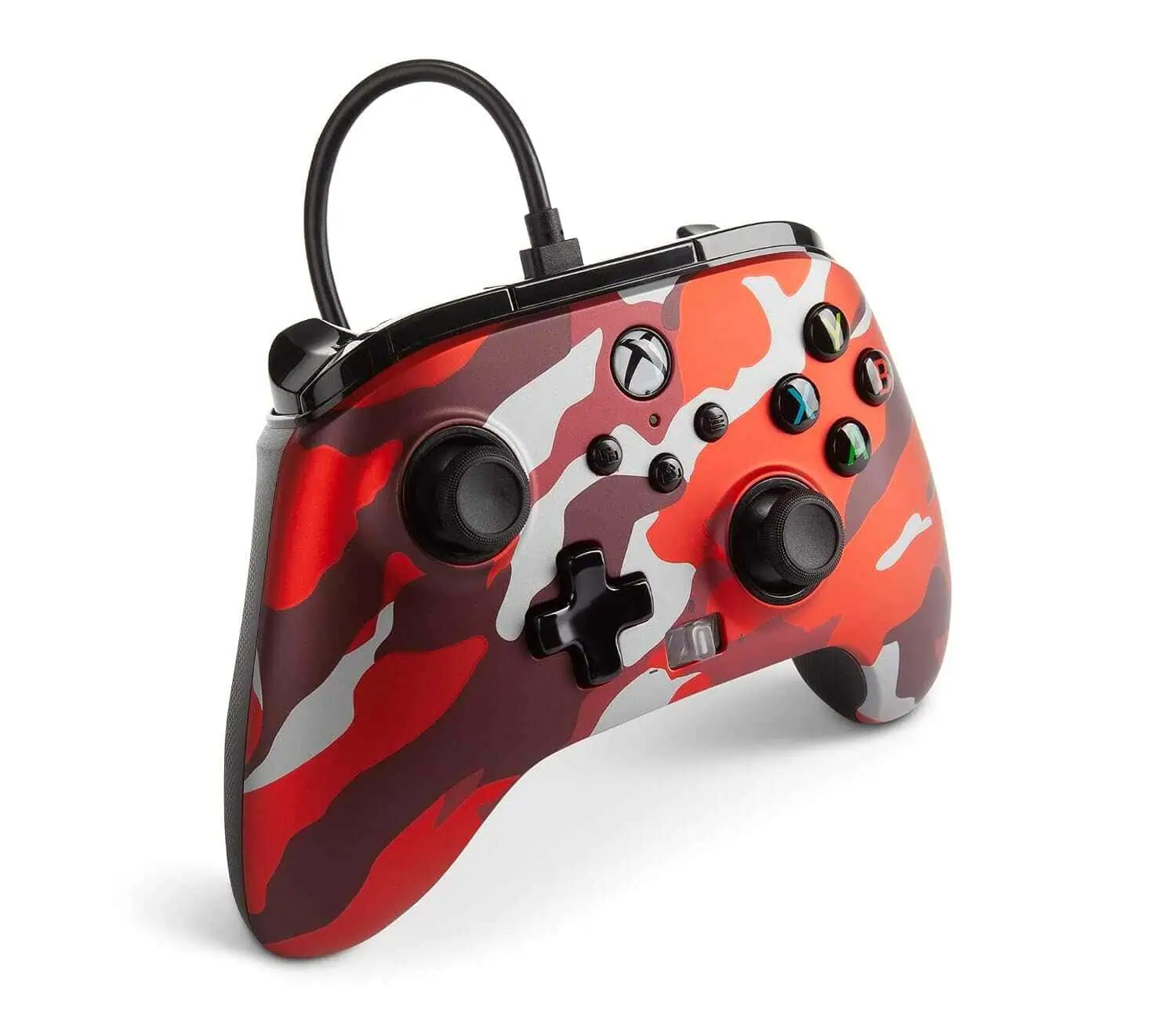 Red camo wired controller for Xbox Series X gaming console.