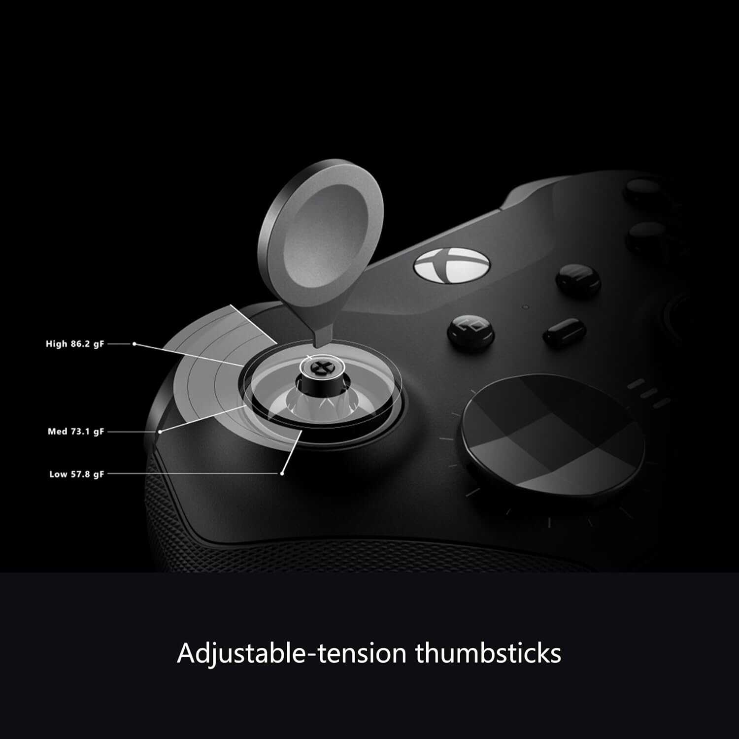 Close-up of Xbox Series X controller with adjustable tension thumbsticks.