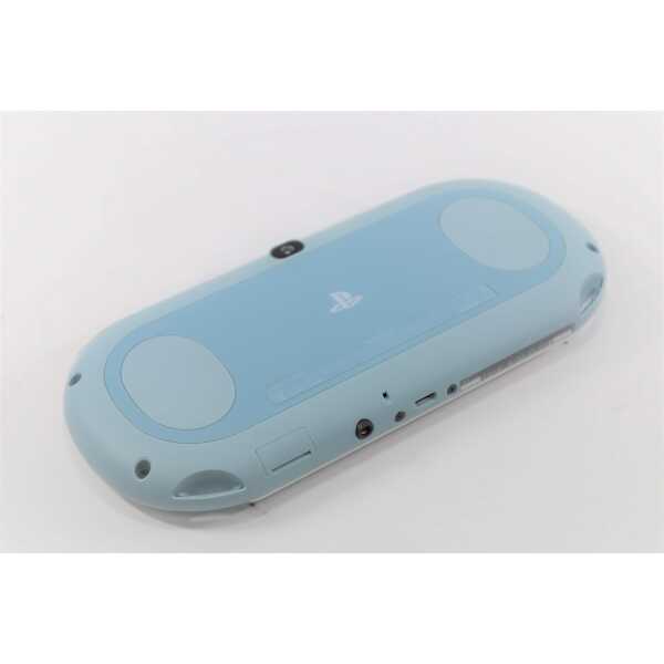 Light blue Sony PlayStation Vita Slim console with buttons and ports visible.