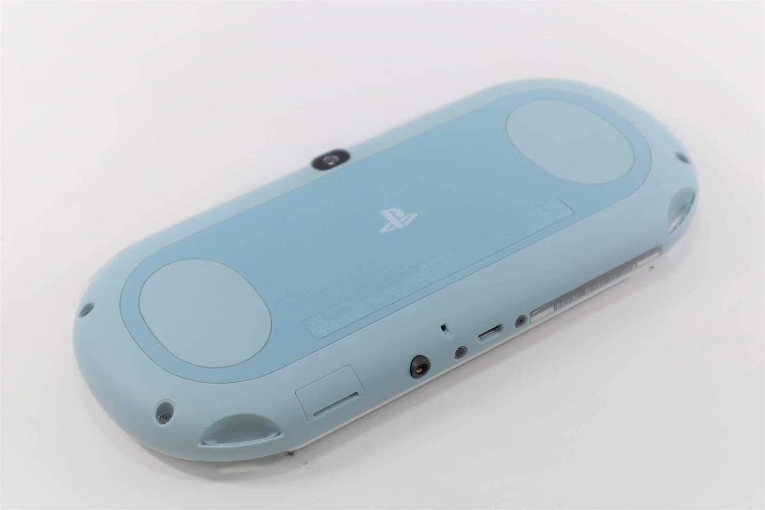 Light blue Sony PlayStation Vita Slim console with buttons and ports visible.