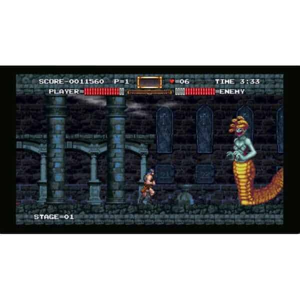 Classic 2D side-scrolling action game scene with hero battling a serpent in a dark castle.