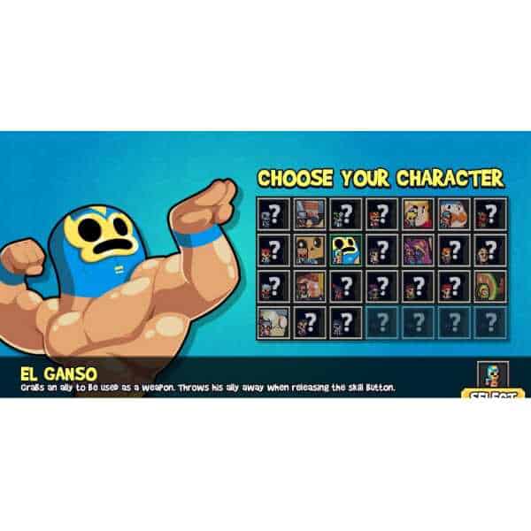 Gameware character selection screen with various customizable avatars and a muscular skeleton charac.