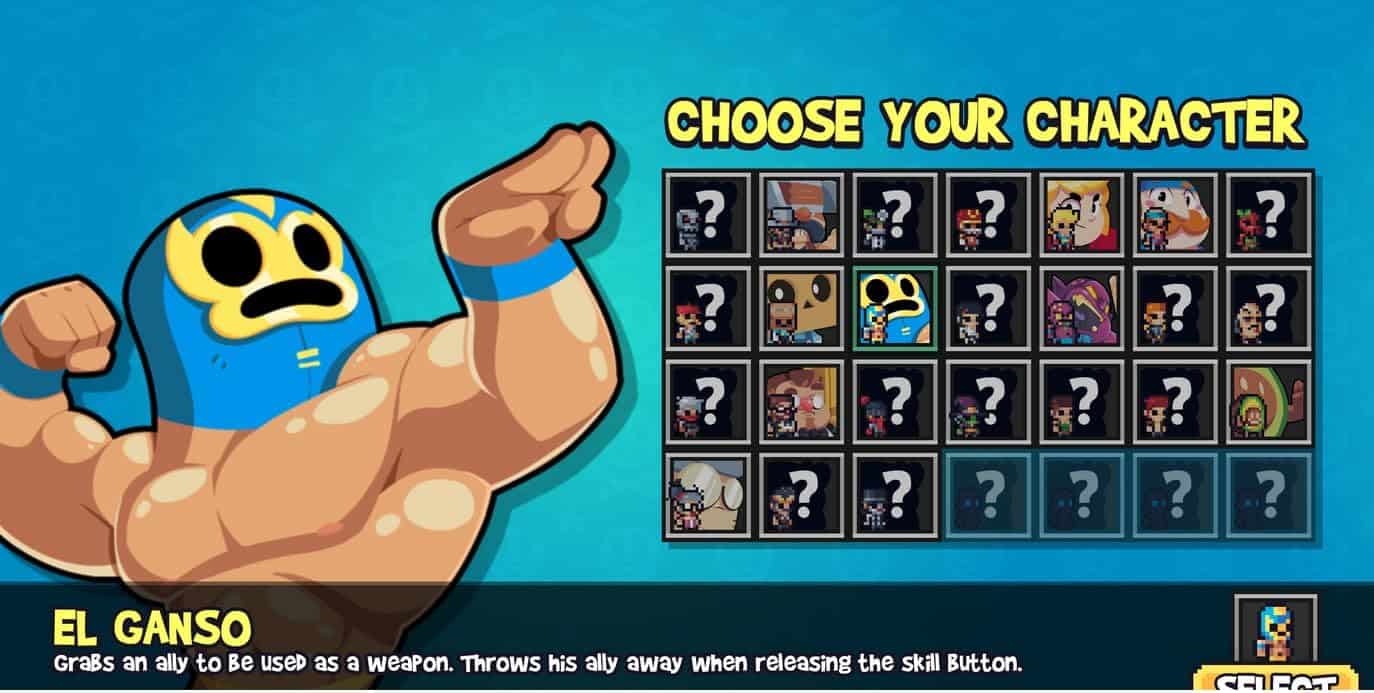 Gameware character selection screen with various customizable avatars and a muscular skeleton charac.