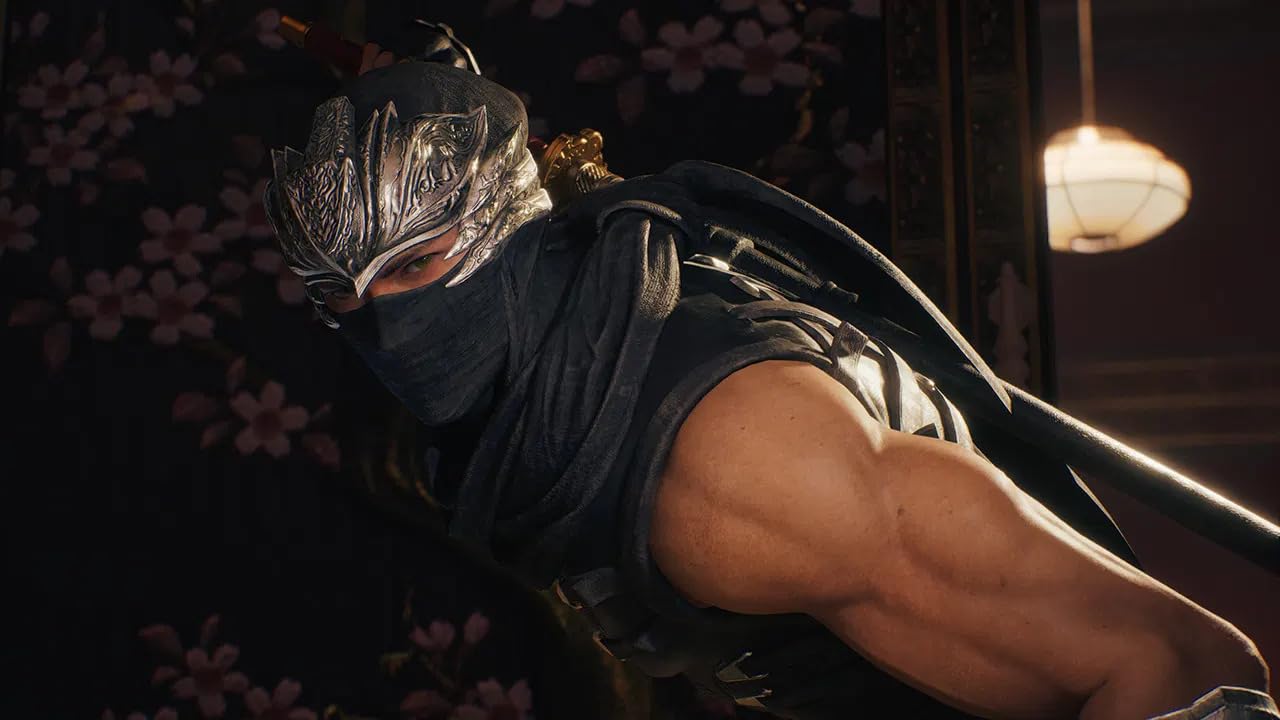 Stealthy ninja character in traditional armor with a sword, ready for action in a dark, atmospheric.