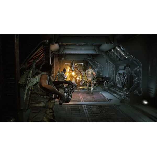 A soldier with a weapon confronts alien creatures in a sci-fi spaceship corridor.