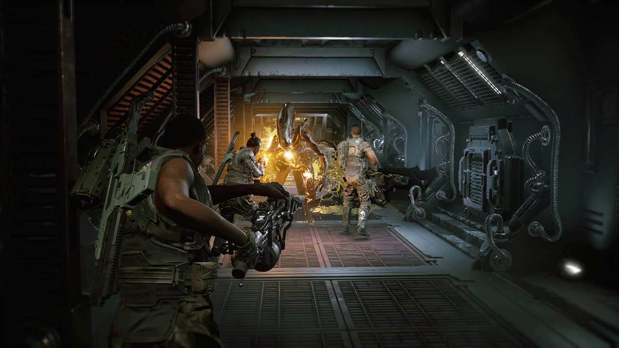 A soldier with a weapon confronts alien creatures in a sci-fi spaceship corridor.