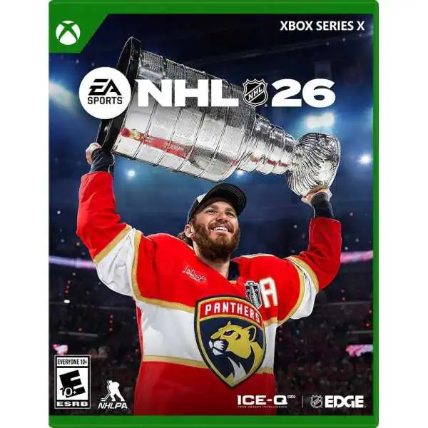 NHL 26 Xbox Series X game cover featuring a player holding the Stanley Cup trophy.