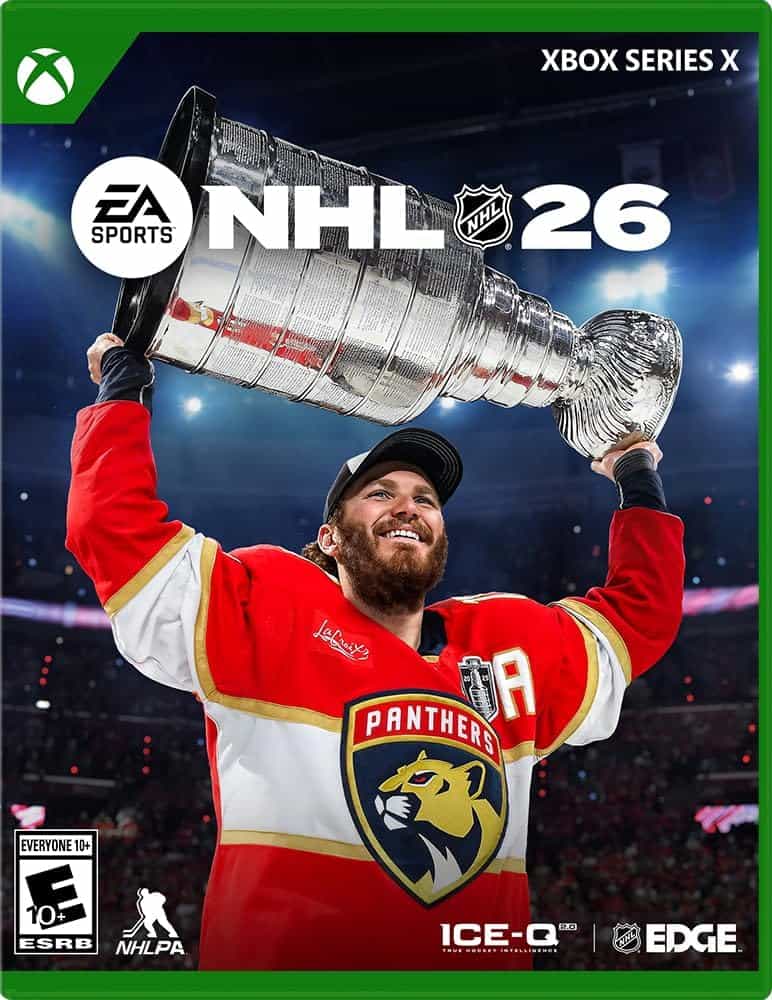 NHL 26 Xbox Series X game cover featuring a player holding the Stanley Cup trophy.