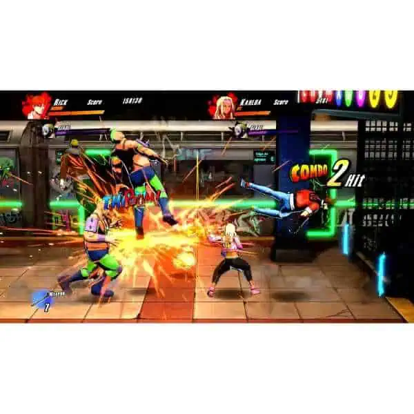 Intense fighting scene from Rushing Beat X with characters battling in a neon-lit arcade.