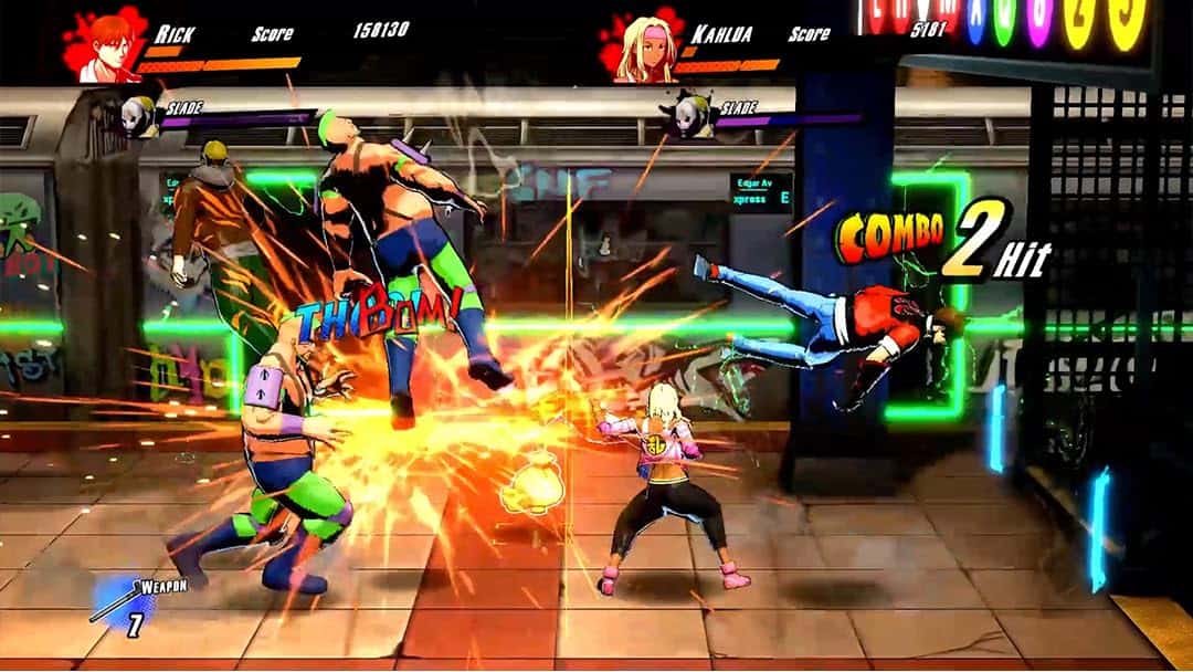 Intense fighting scene from Rushing Beat X with characters battling in a neon-lit arcade.