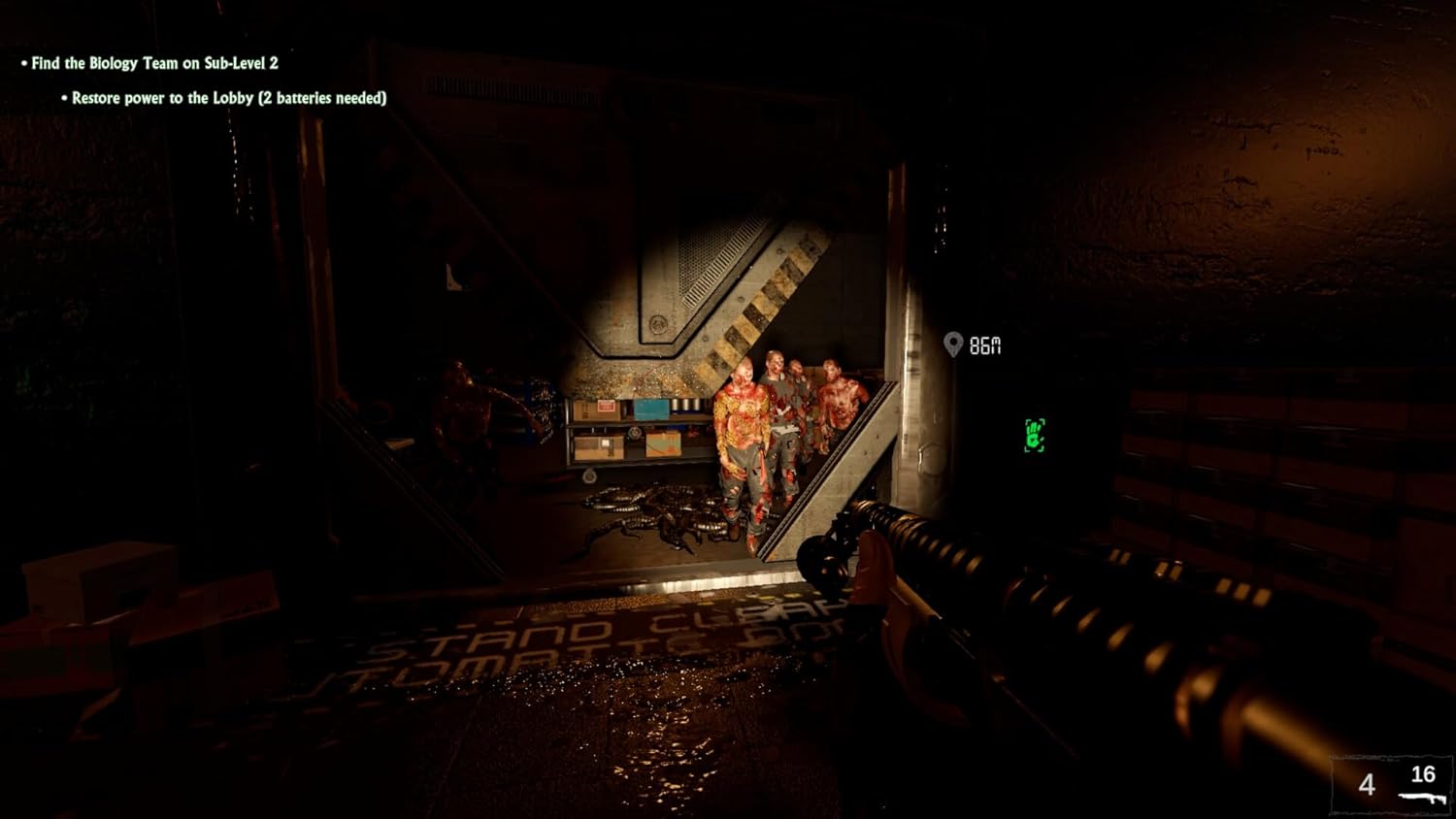 First-person view of a sci-fi game scene with soldiers in a futuristic corridor.