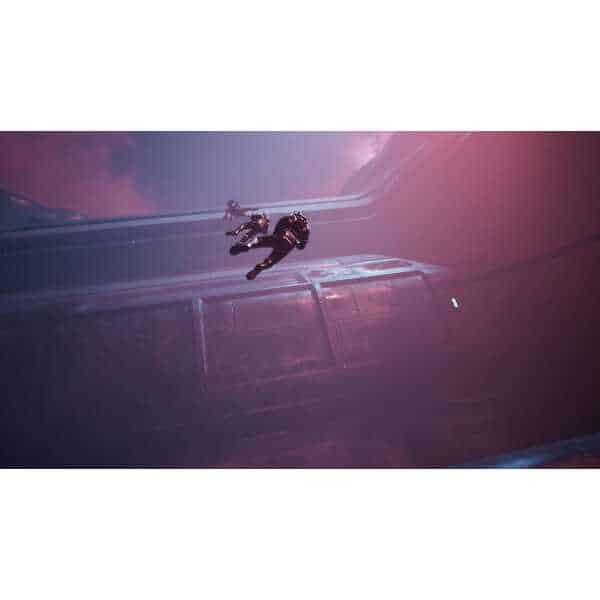 Astronaut floating outside a spaceship in space with pink and purple lighting.