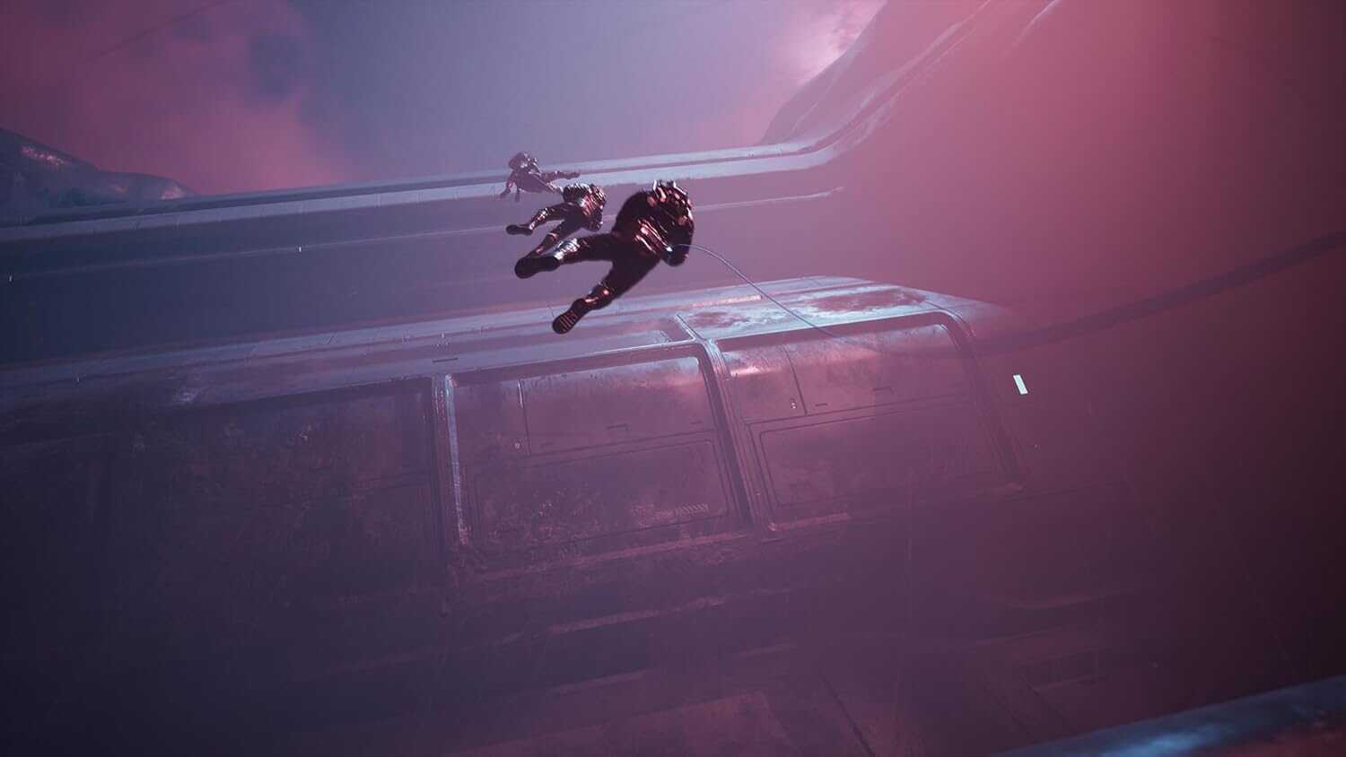 Astronaut floating outside a spaceship in space with pink and purple lighting.