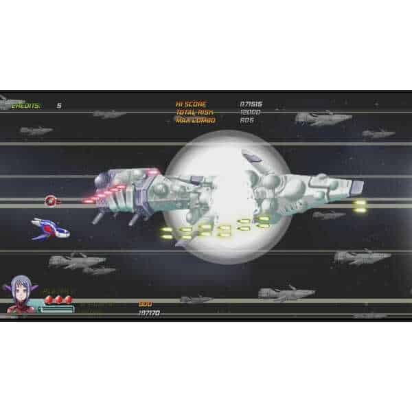 Futuristic spaceship firing lasers in space with enemy ships around.