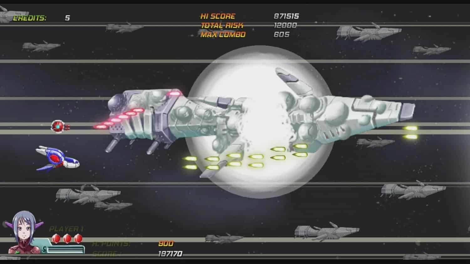 Futuristic spaceship firing lasers in space with enemy ships around.