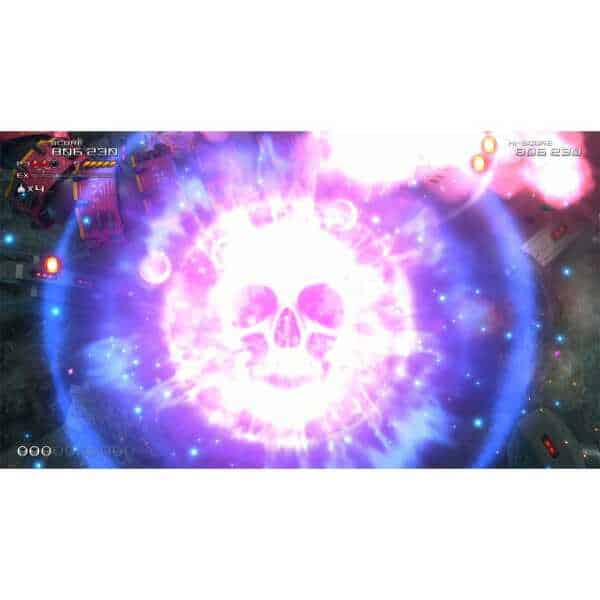Explosive skull energy blast in a vibrant sci-fi video game scene with neon effects and cosmic backg.