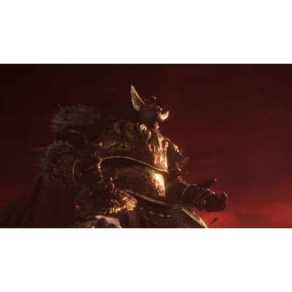 Dark fantasy warrior in armor with a fiery background.