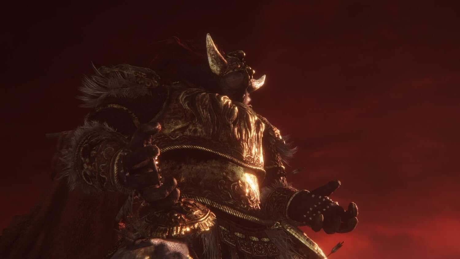 Dark fantasy warrior in armor with a fiery background.